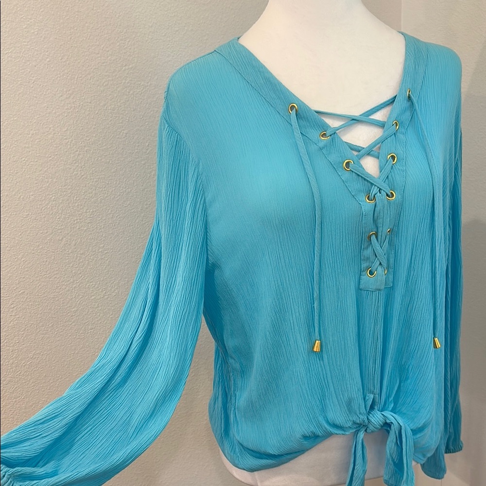 INC International Concepts Turquoise Lace-Up Blouse